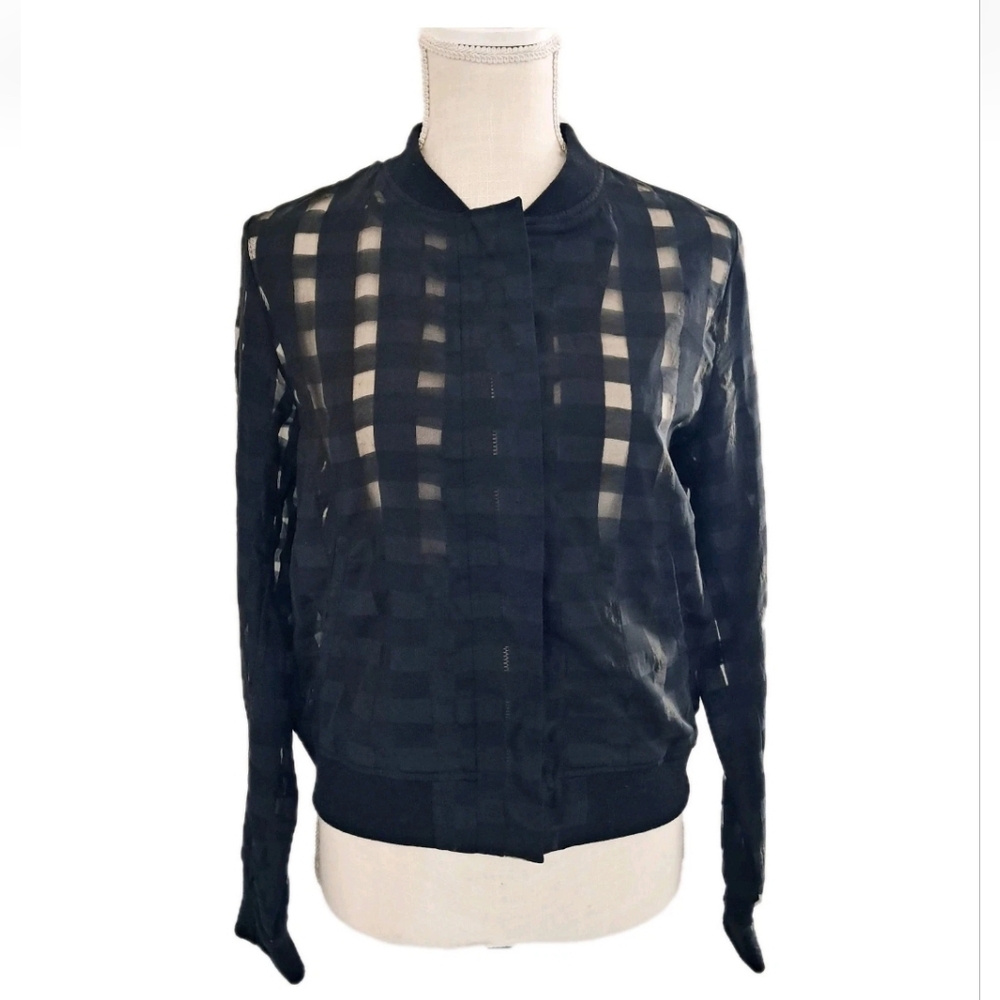 Zara Bomber Jacket Black Sheer Windowpane Grid Full Zip
